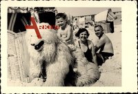 Familie am Strand, Mann in Eisbärenkostüm, Strandkörbe