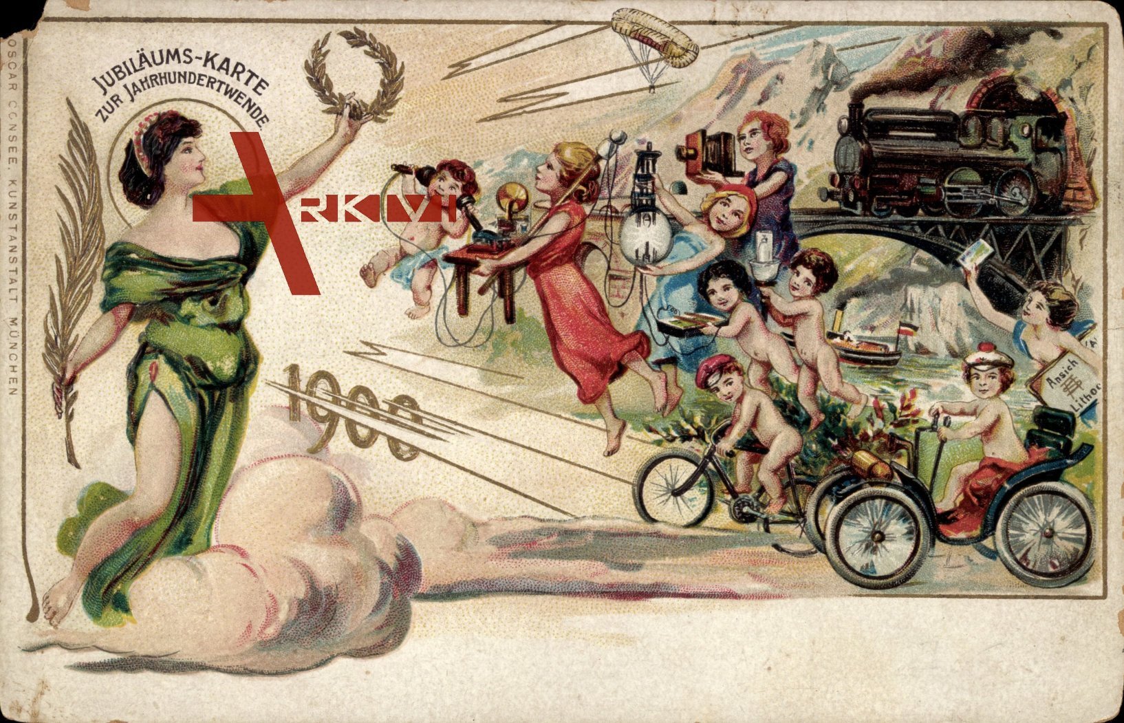 Zukunft Jubiläumskarte, Jahrhundertwende 1900, Telefon, Auto,Fahrrad