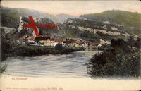 St. Ursanne Kt. Jura Schweiz, Flussblick zum Ort hin