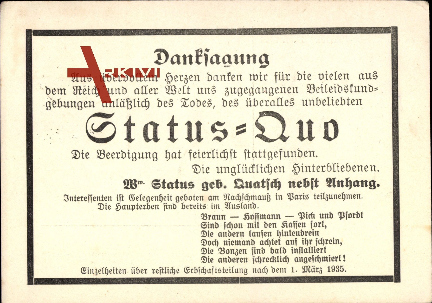 Saarabstimmung 1935, Status Quo, Danksagung, Todesanzeige