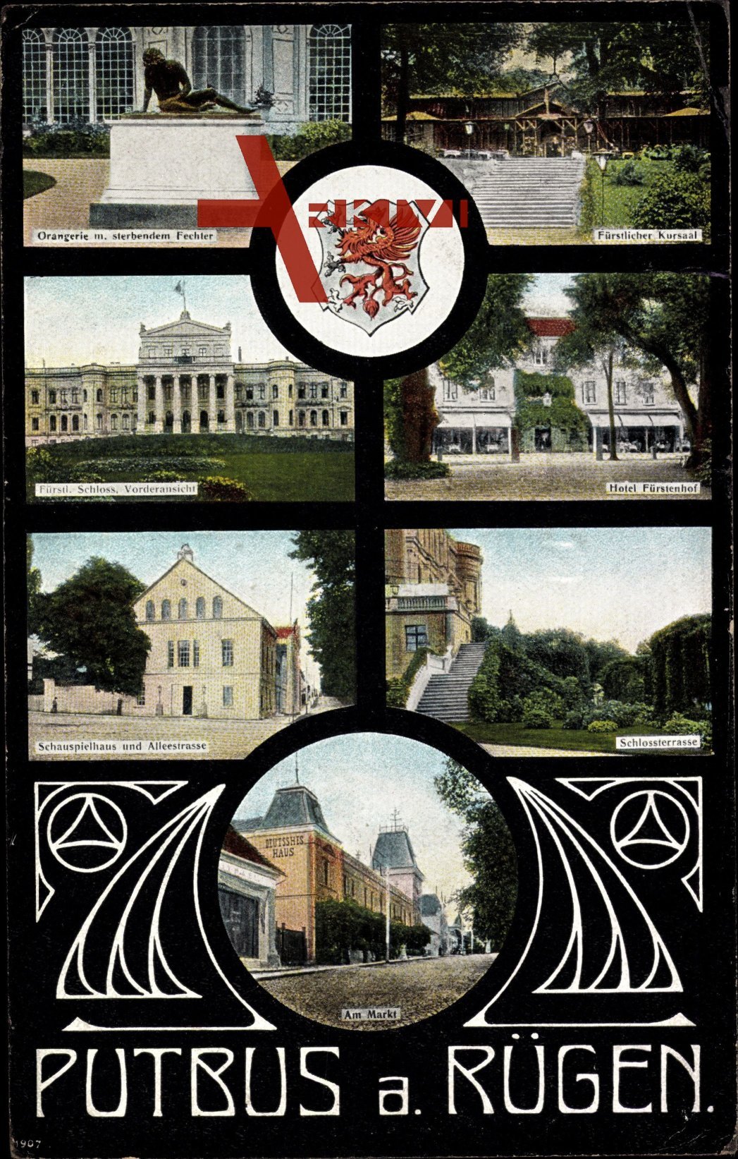 Wappen Putbus Insel Rügen, Orangerie, Sterbender Fechter, Kursaal, Schloss