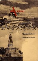 Hamburg, Kriegsschiffe auf hoher See mit Bismarck Denkmal und Zitat