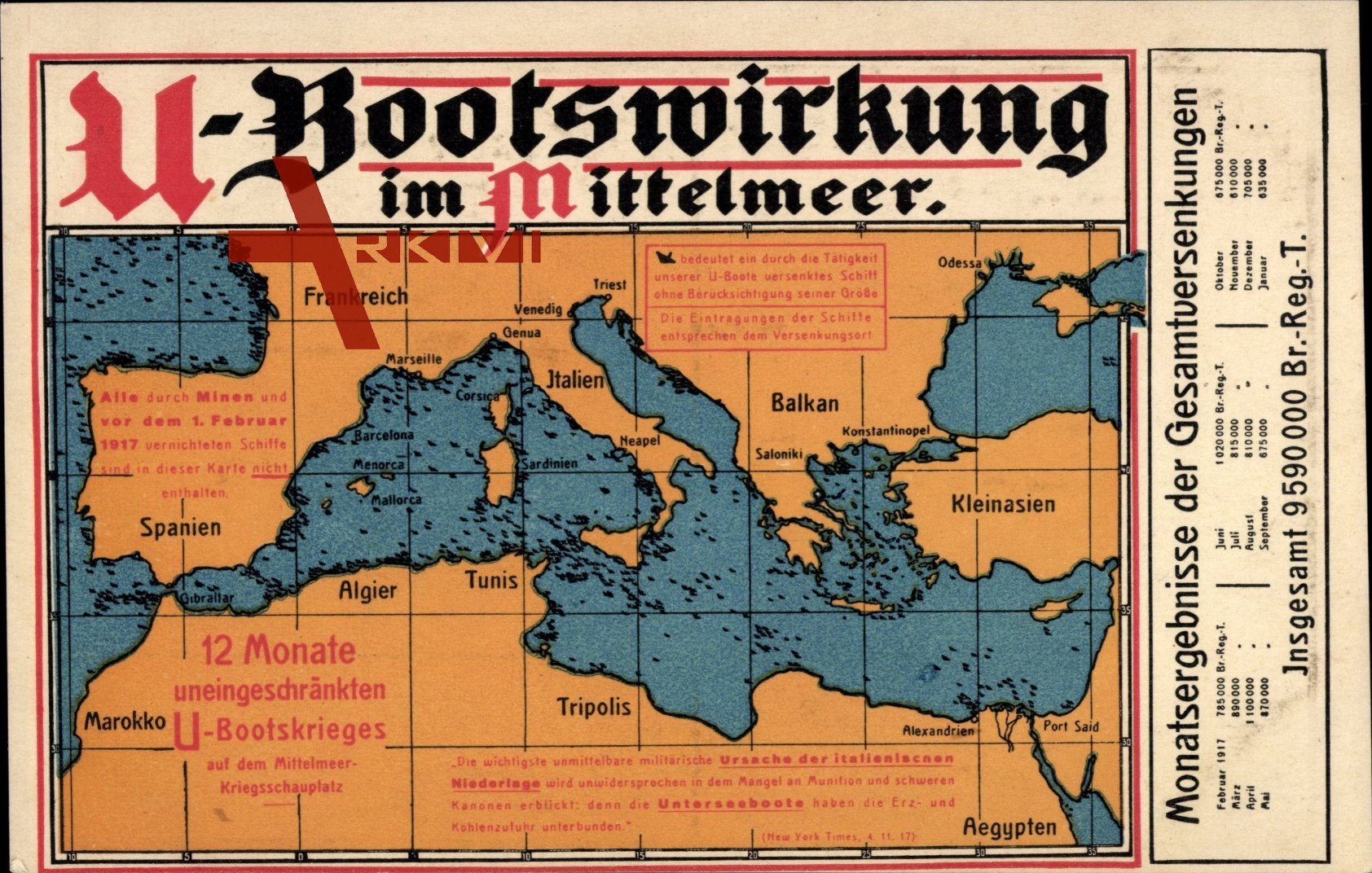Landkarten U-Bootswirkung im Mittelmeer, Krieg, Frankreich, Tunis, Ägypten
