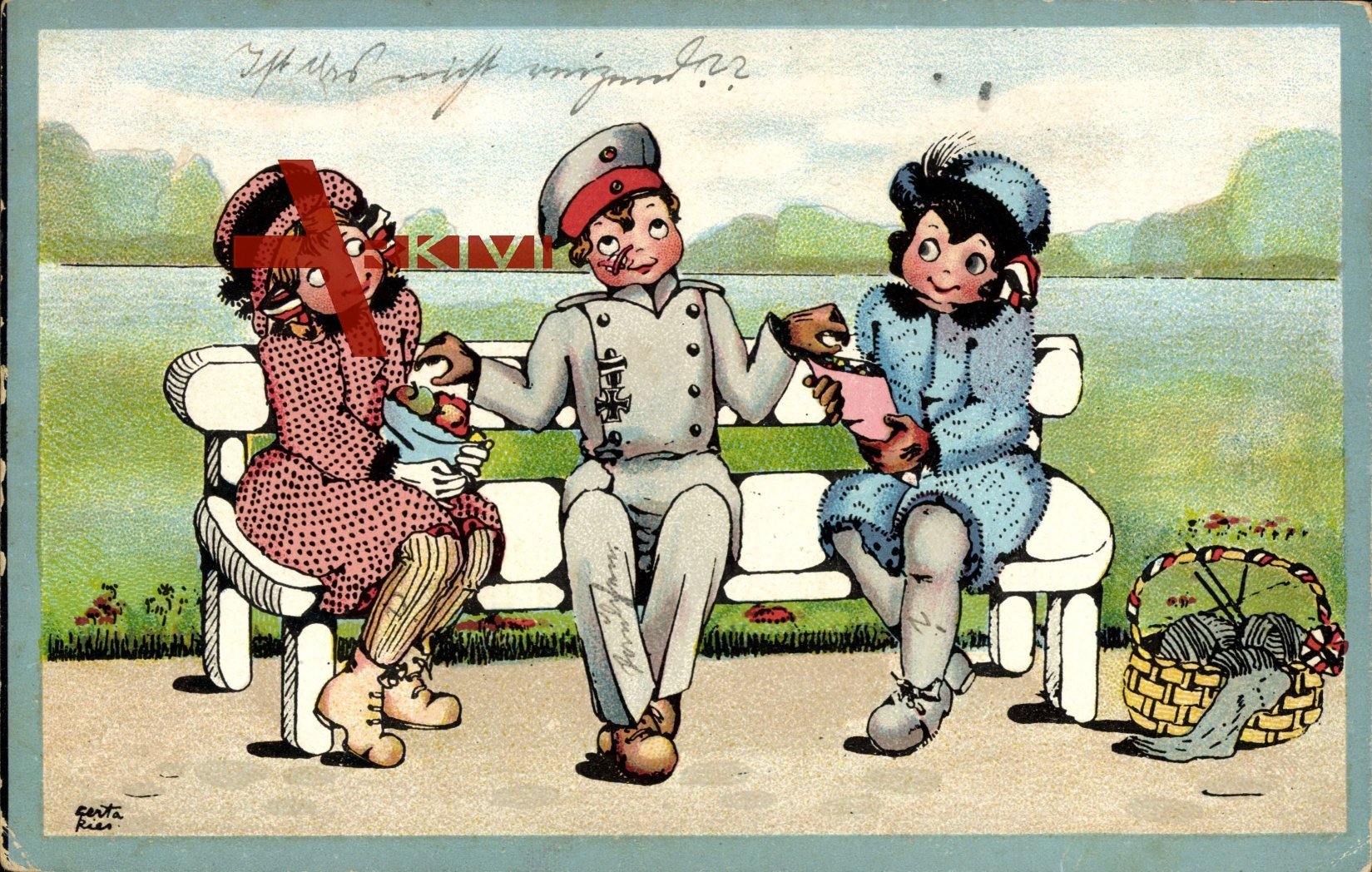 Soldat mit zwei Frauen auf einer Sitzbank, Soldatenliebe, Strickgarn