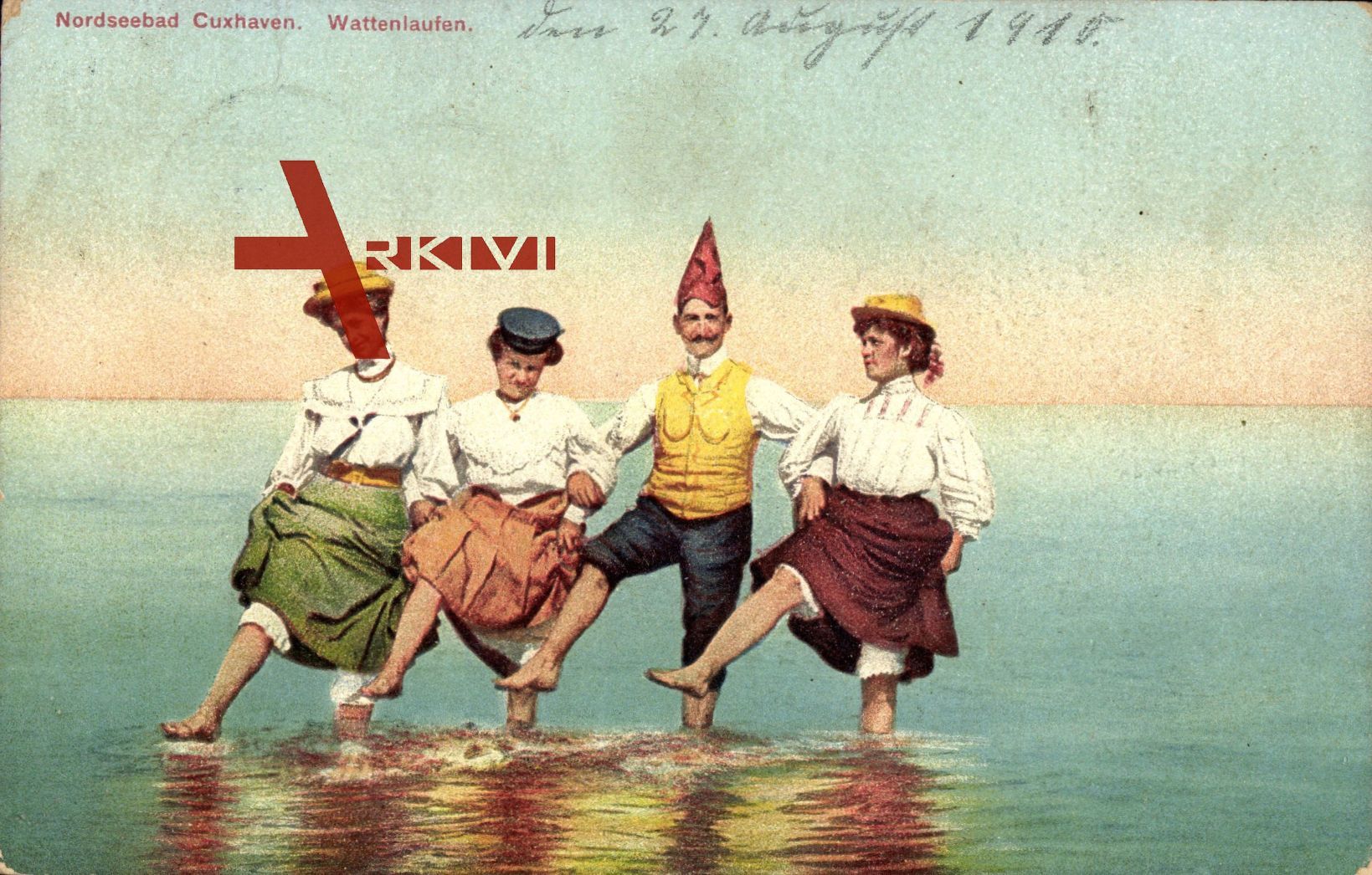 Cuxhaven, Nordseebad, Drei Damen und ein Herr beim Wattenlaufen
