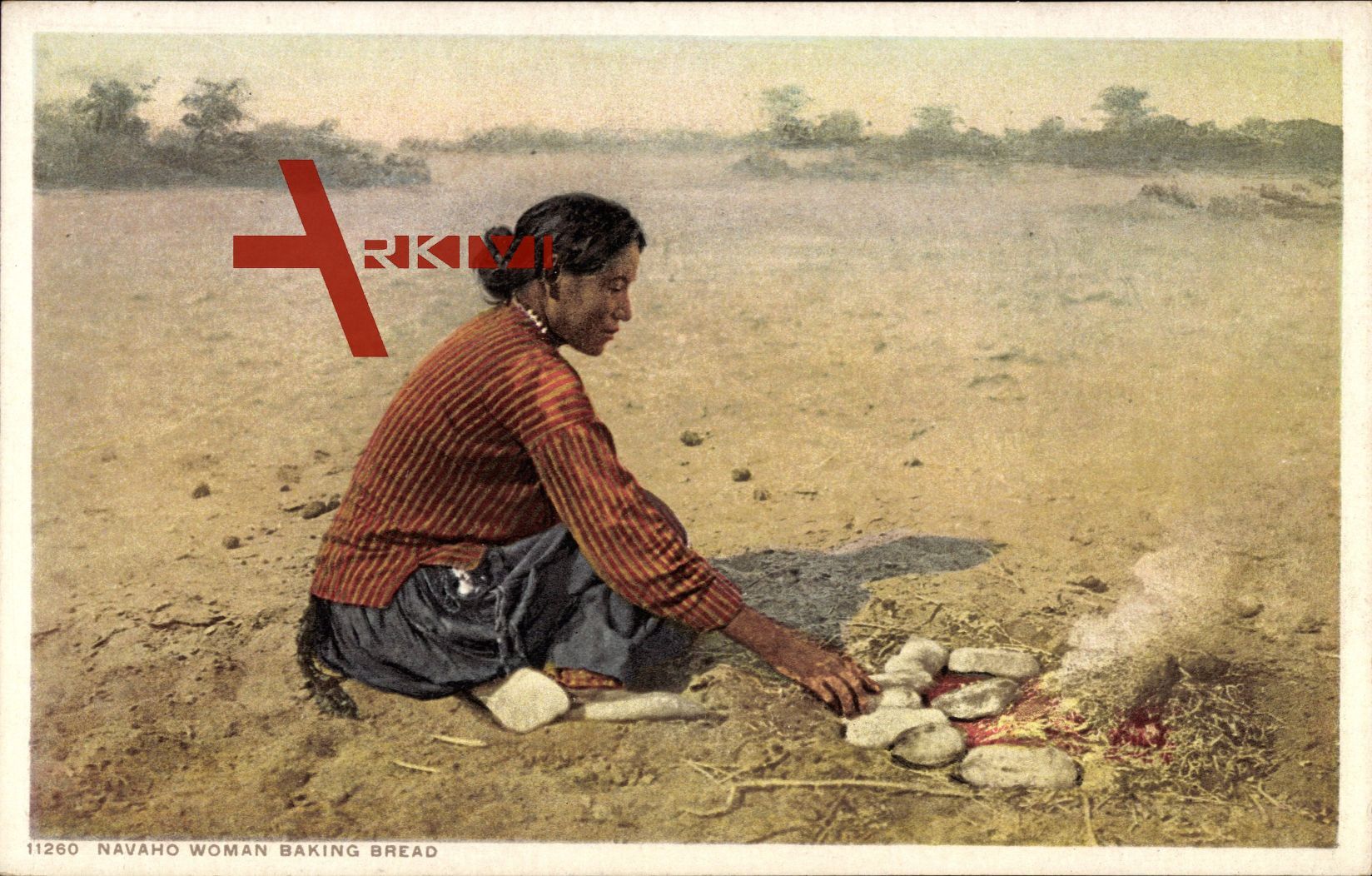 Navaho Woman baking Bread, Indianerin bäckt Brot, Feuerstelle