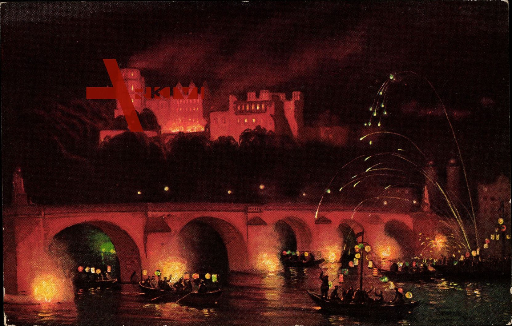 Heidelberg am Neckar, Schlossbeleuchtung bei Nacht, Feuerwerk