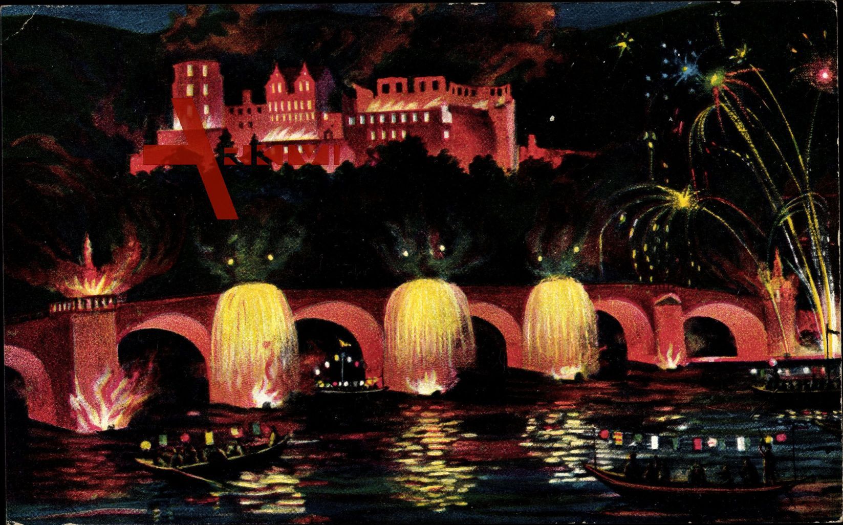 Heidelberg am Neckar, Schlossbeleuchtung und Feuerwerk an der Brücke