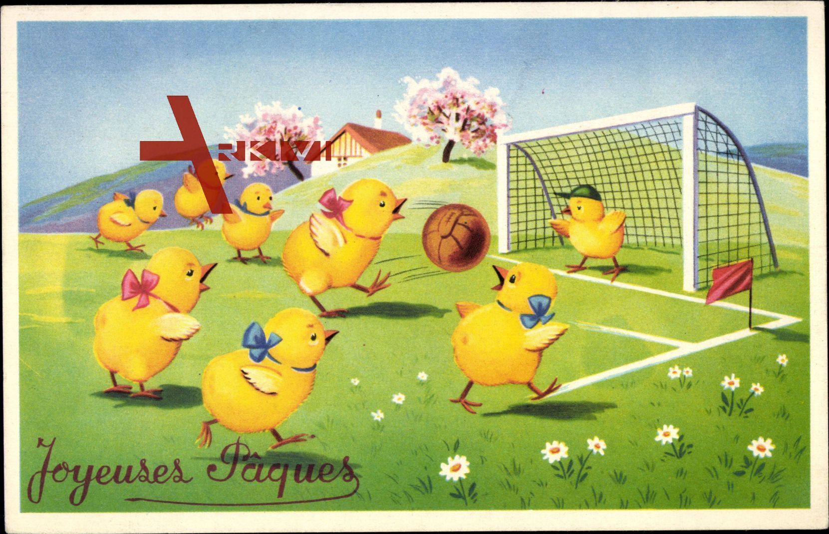 Glückwunsch Ostern, Joyeuses Paques, Küken spielen Fußball