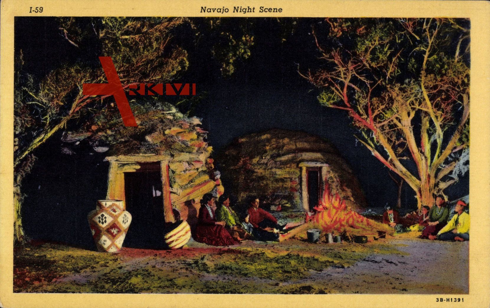 Navajo Night Scene, Indianer sitzten zusammen am Lagerfeuer