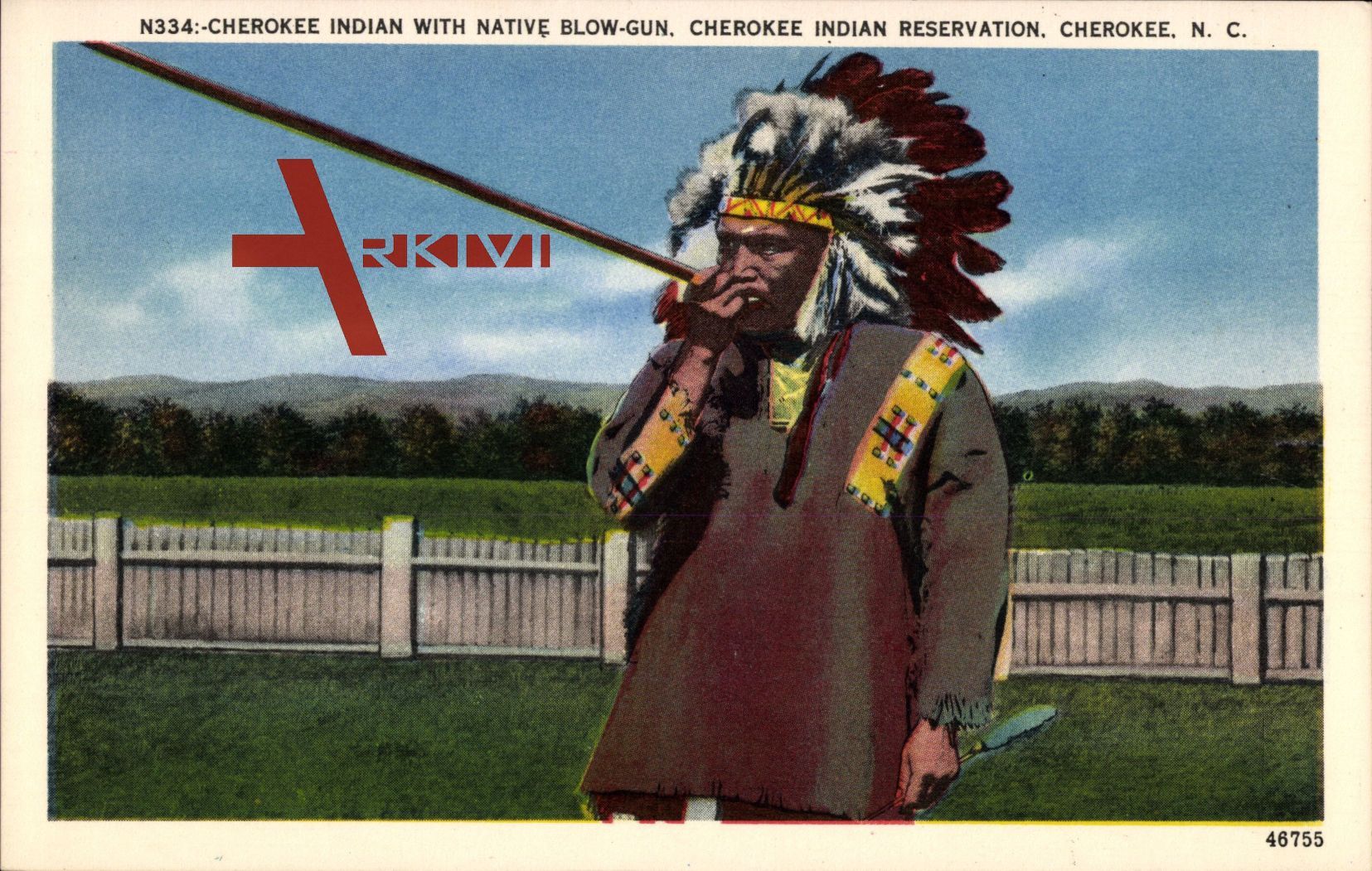 Cherokee Indian with Native Blow Gun, Indianer mit Giftpfeil