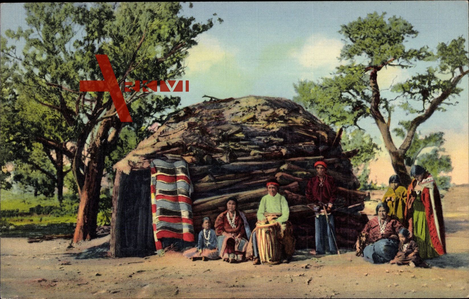 Navajo Indians on Reservation, Indianer, Holzhütte
