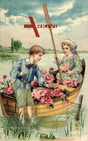 Glückwunsch Pfingsten, Paar legt mit Chrysantemen im Boot ab