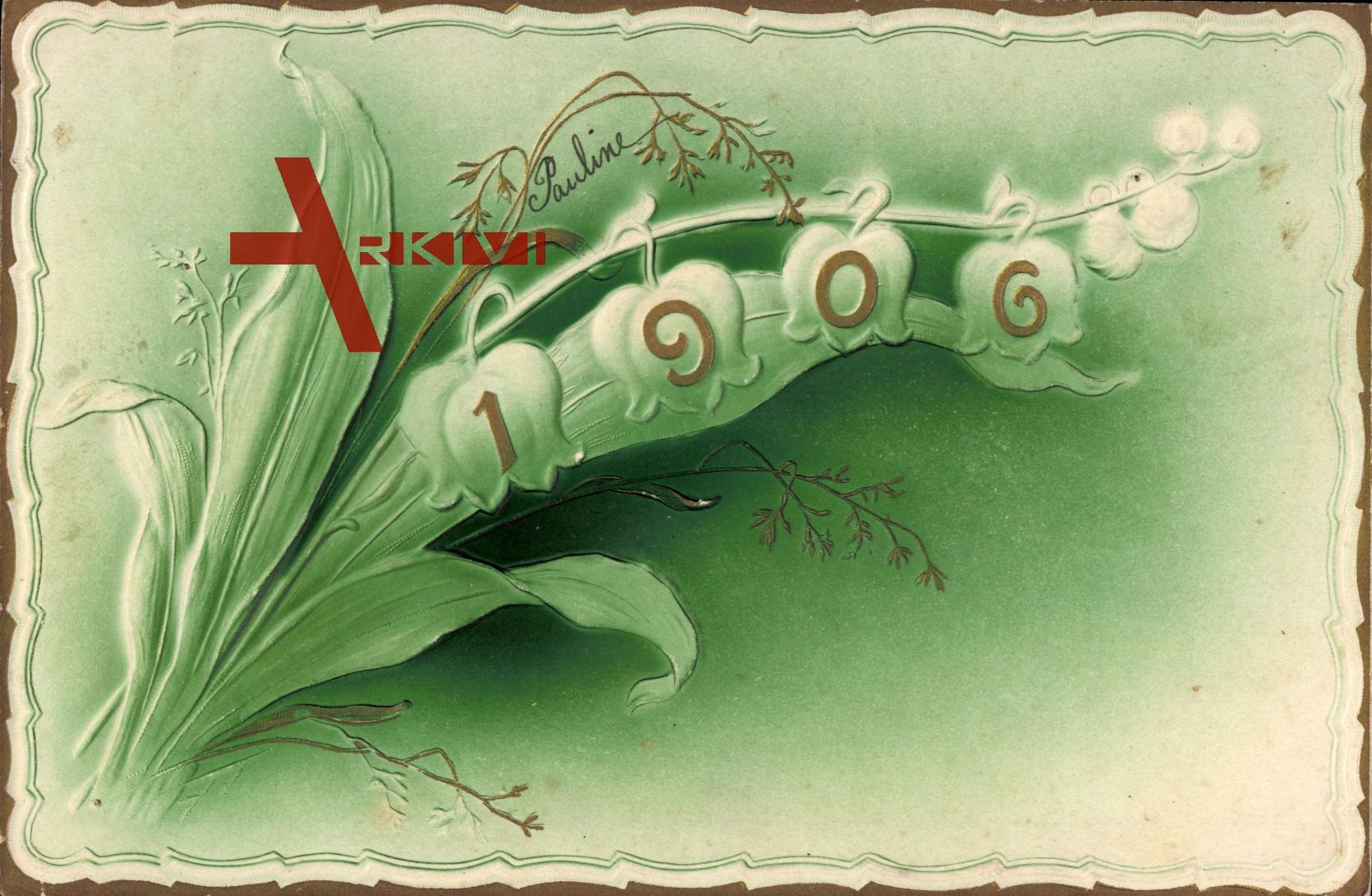 Blume, Maiglöckchen mit Jahreszahl 1906, Goldrand