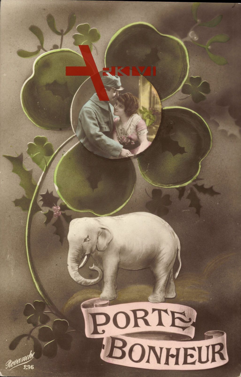 Kitsch, Bild eines Liebespaares in einem Kleeblatt, Elefant