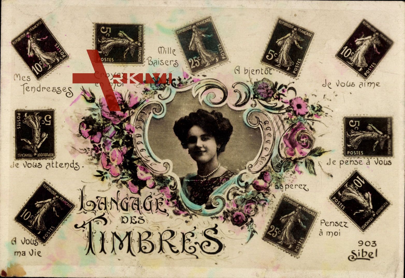 Briefmarken Langage des Timbres, Frauenportrait, Blumen