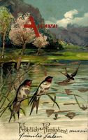 Glückwunsch Pfingsten, Landschaftsbild mit Teich und Vögeln