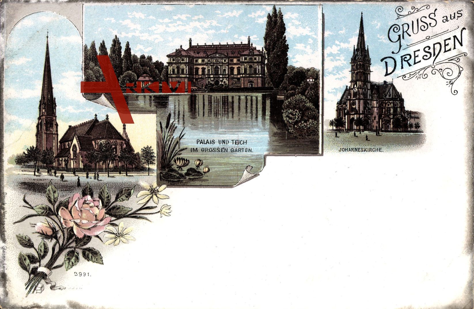 Dresden, Kirche, Palais und Teich im großen Garten, Johanneskirche