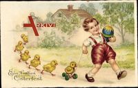 Glückwunsch Ostern, Kind mit Osterei, Küken, Spielzeug auf Rädern, Amag 3341