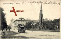 Prag, Straßenpartie mit Straßenbahn und Denkmal Kaiser Franz I.
