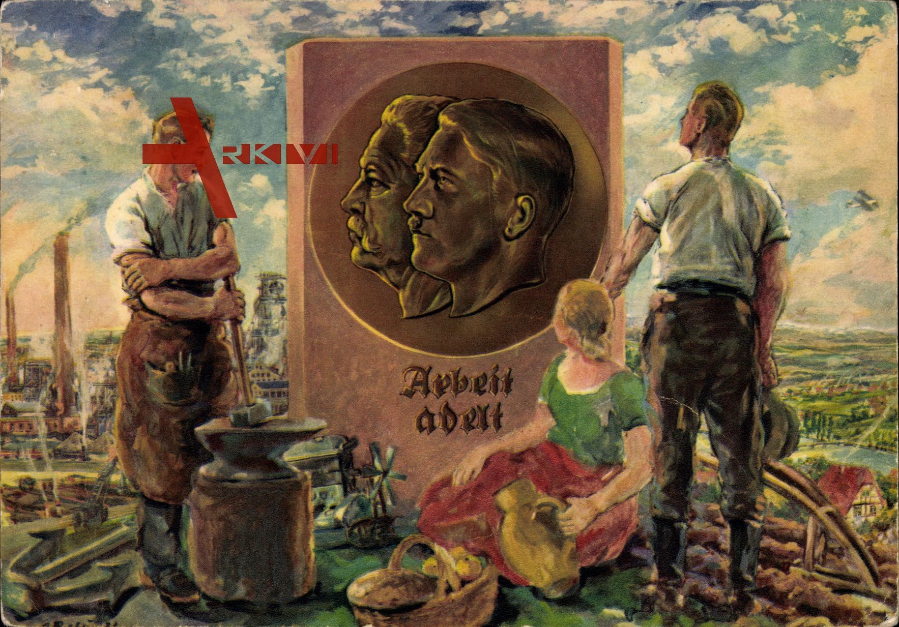 Arbeit adelt, Relief-Portraits von Adolf Hitler und Paul von Hindenburg, veröffentlicht zum 1. 10. 1933 - deutscher Erntedanktag