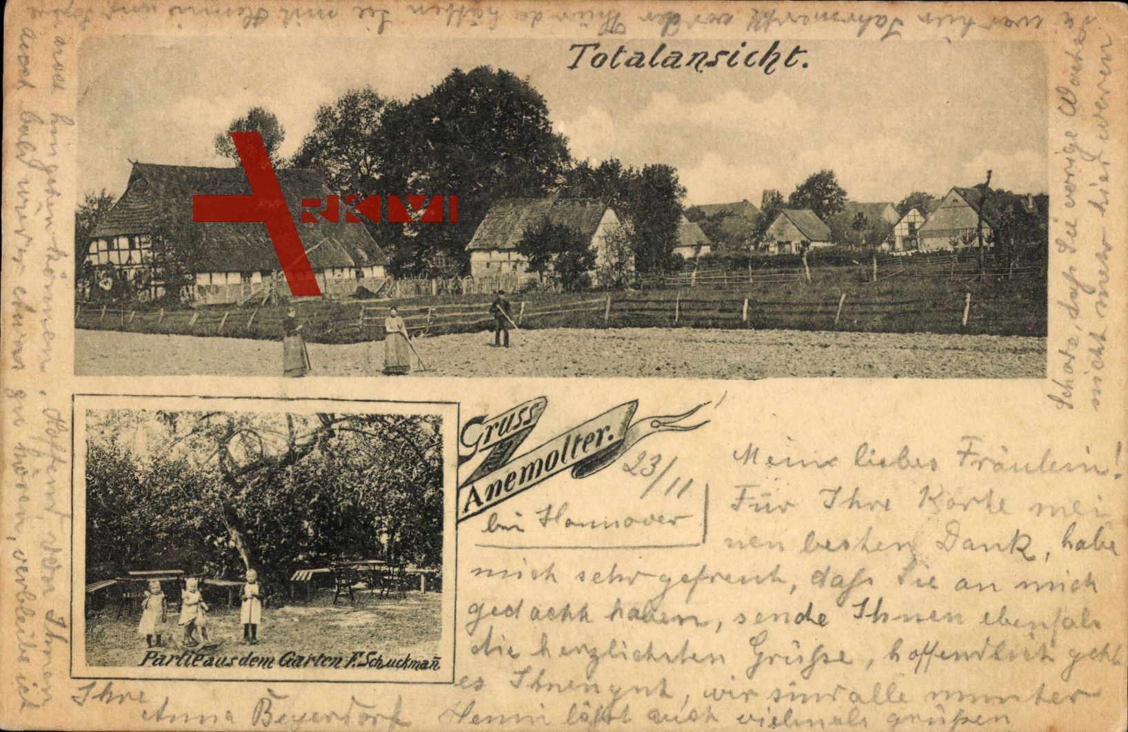 Anemolter Stolzenau Mittelweser, Totalansicht des Ortes, Garten F. Schuckman