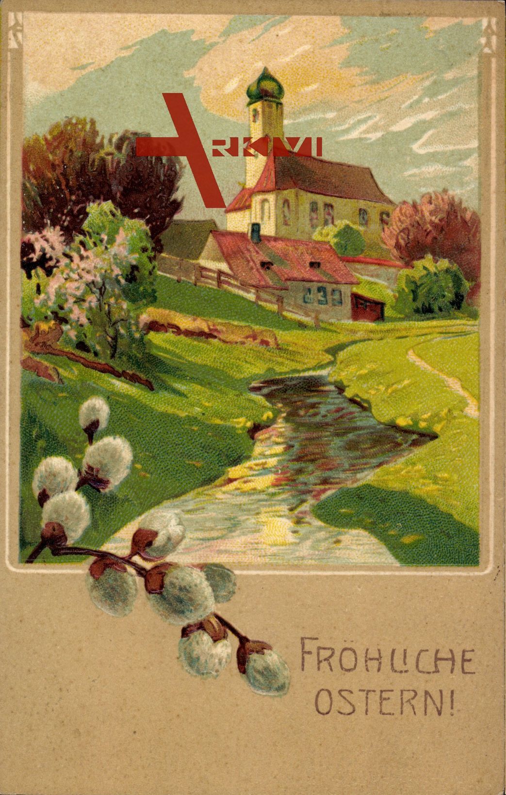Glückwunsch Ostern, Weidenkätzchen, Kirche, Fluss, Frühling
