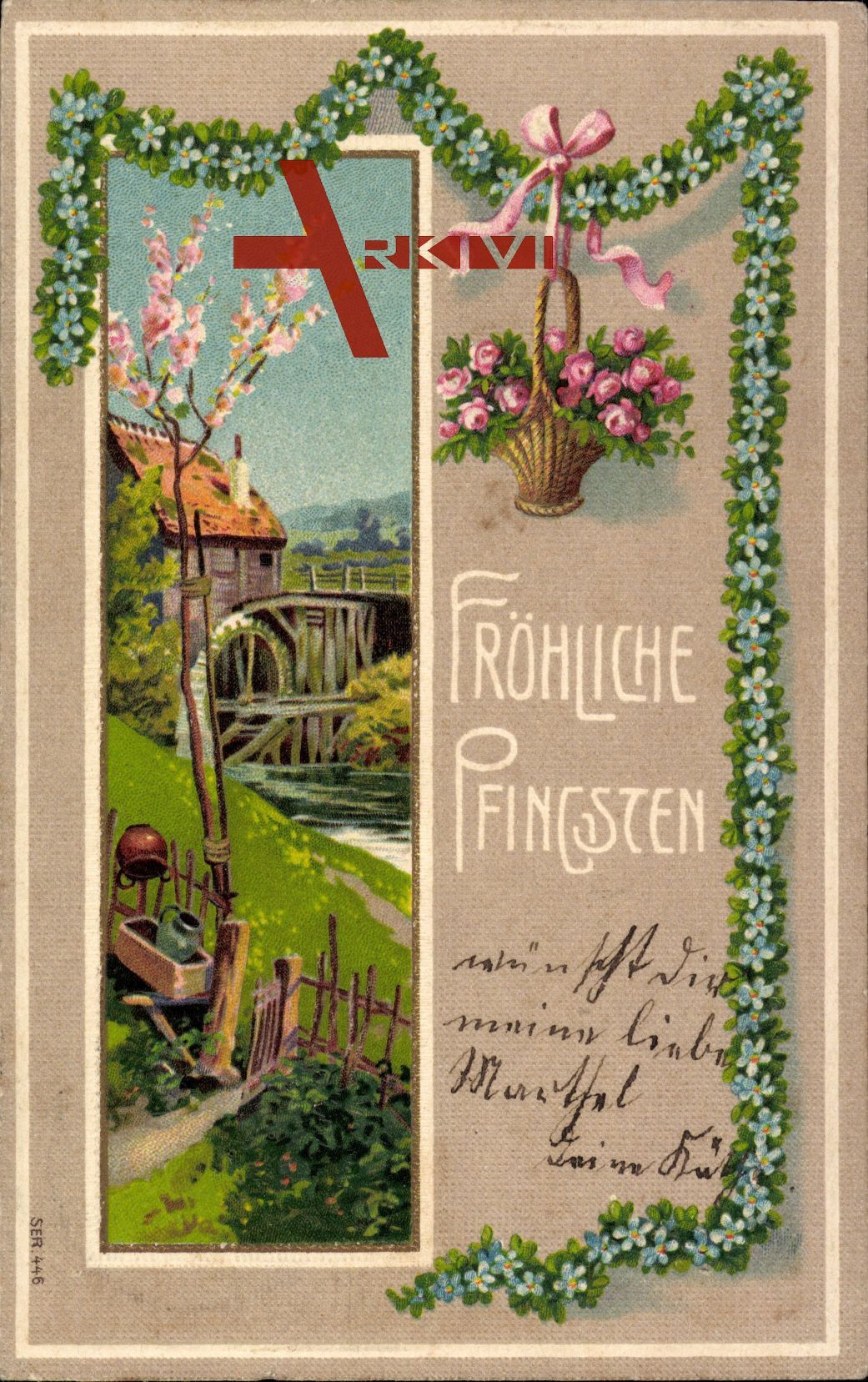 Glückwunsch Pfingsten, Wassermühle, Frühling, Kitsch