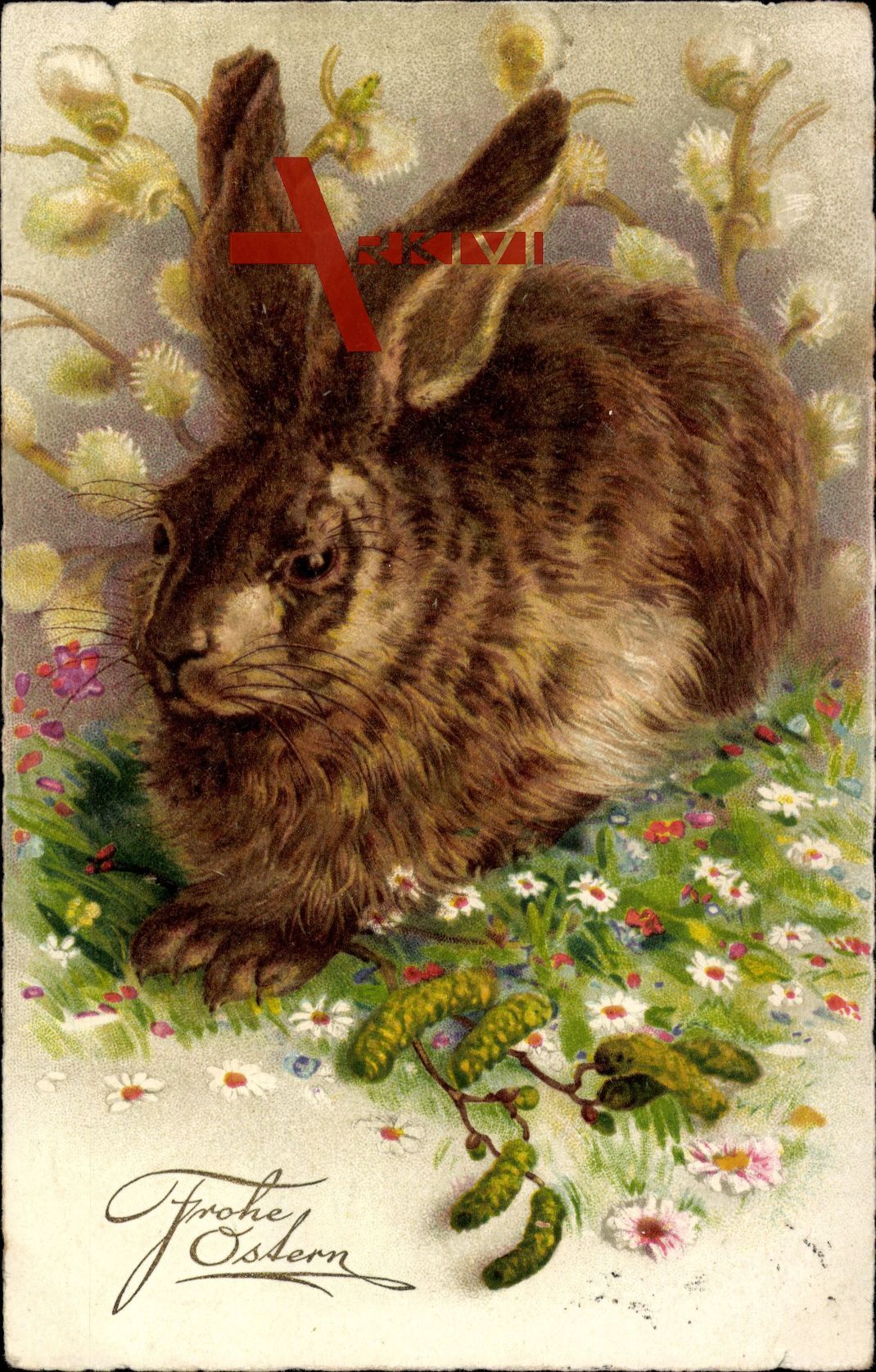 Glückwunsch Ostern, Osterhase, Weidenkätzchen, Birkensamen