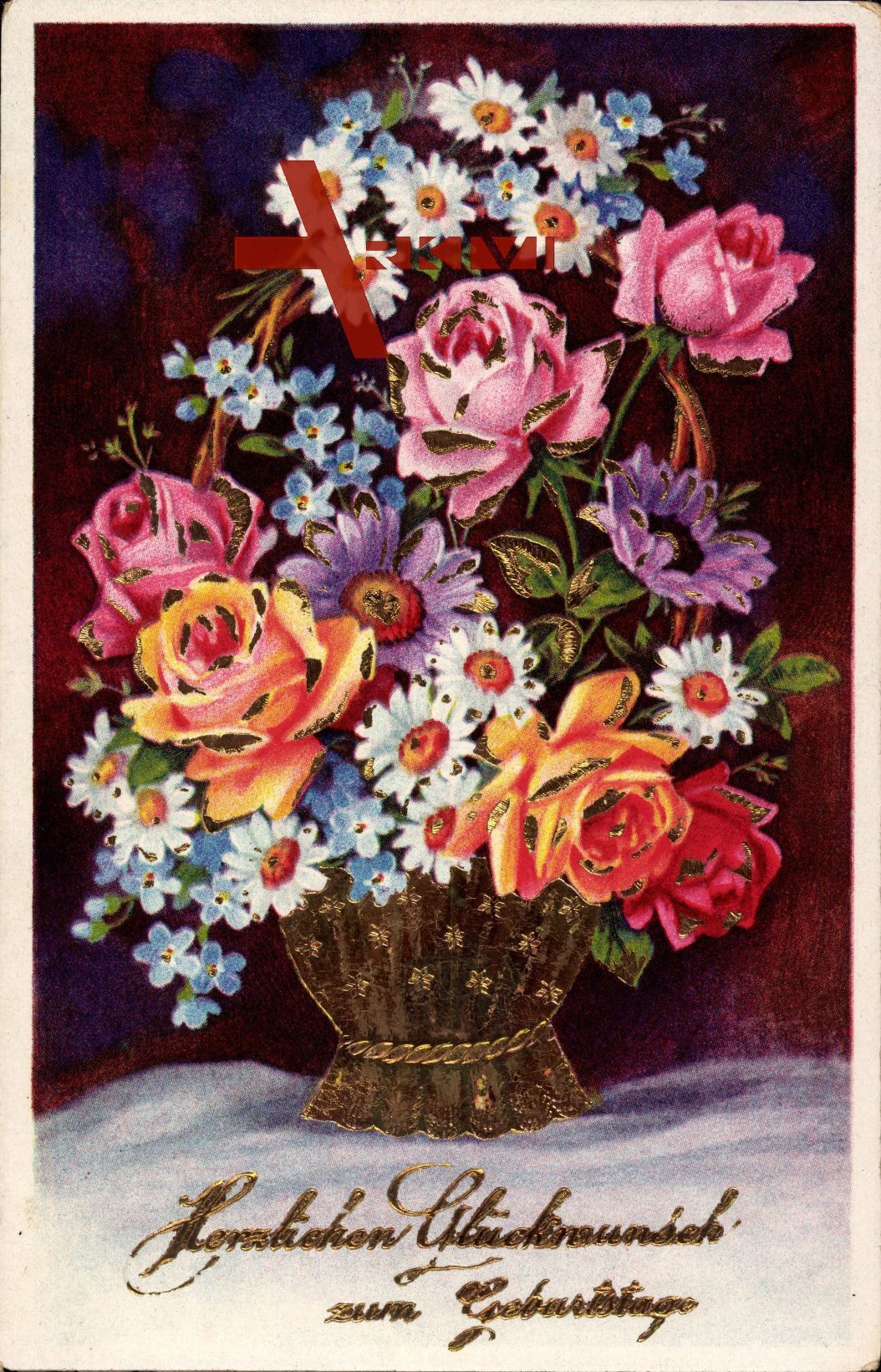 Glückwunsch Geburtstag, Blumenkorb, Rosen, Feldblumen