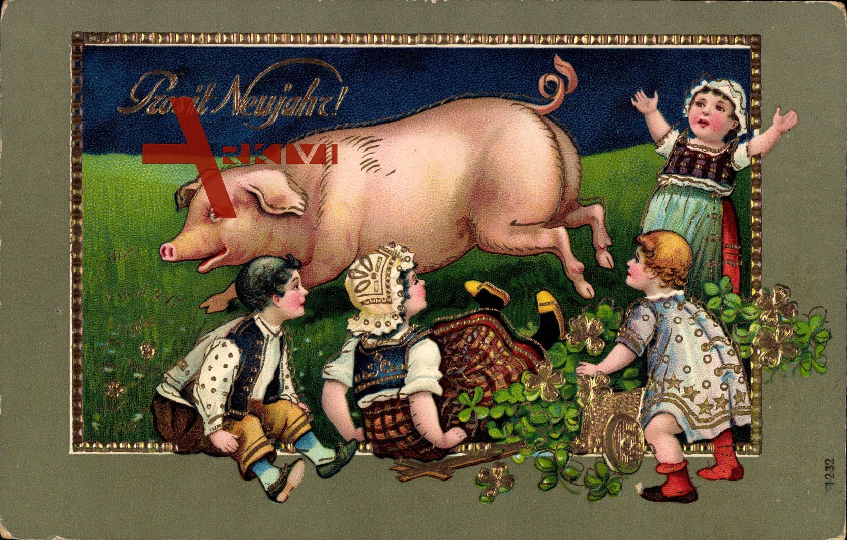 Glückwunsch Neujahr, Großes Schwein, Kleeblätter, Kinder