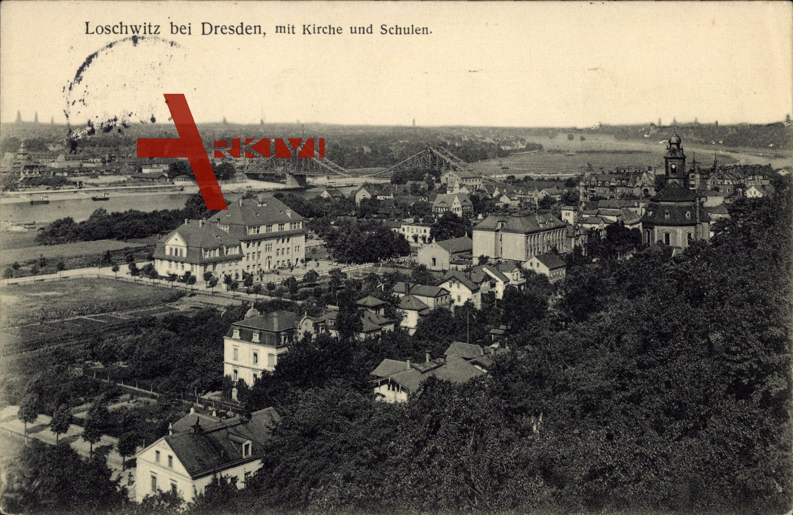 Dresden Nordost Loschwitz, Stadtansicht mit Kirche und Schule