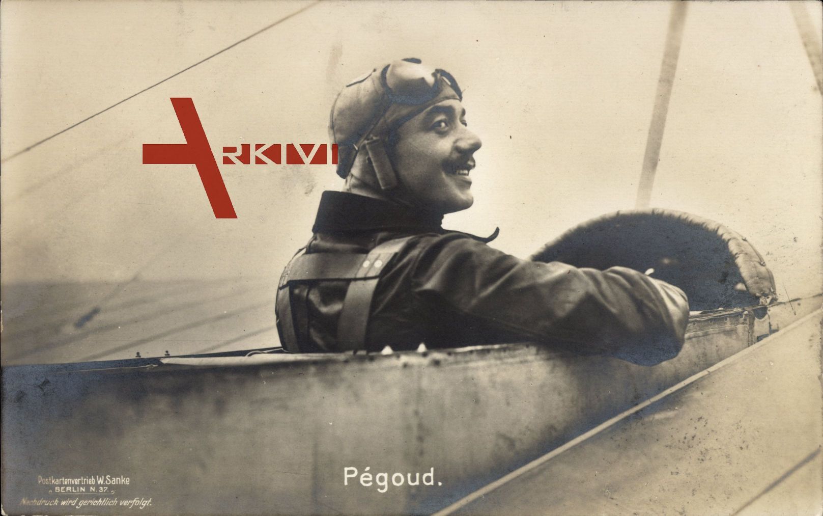 Pilot Célestin Adolphe Pégoud in der Maschine, Sanke