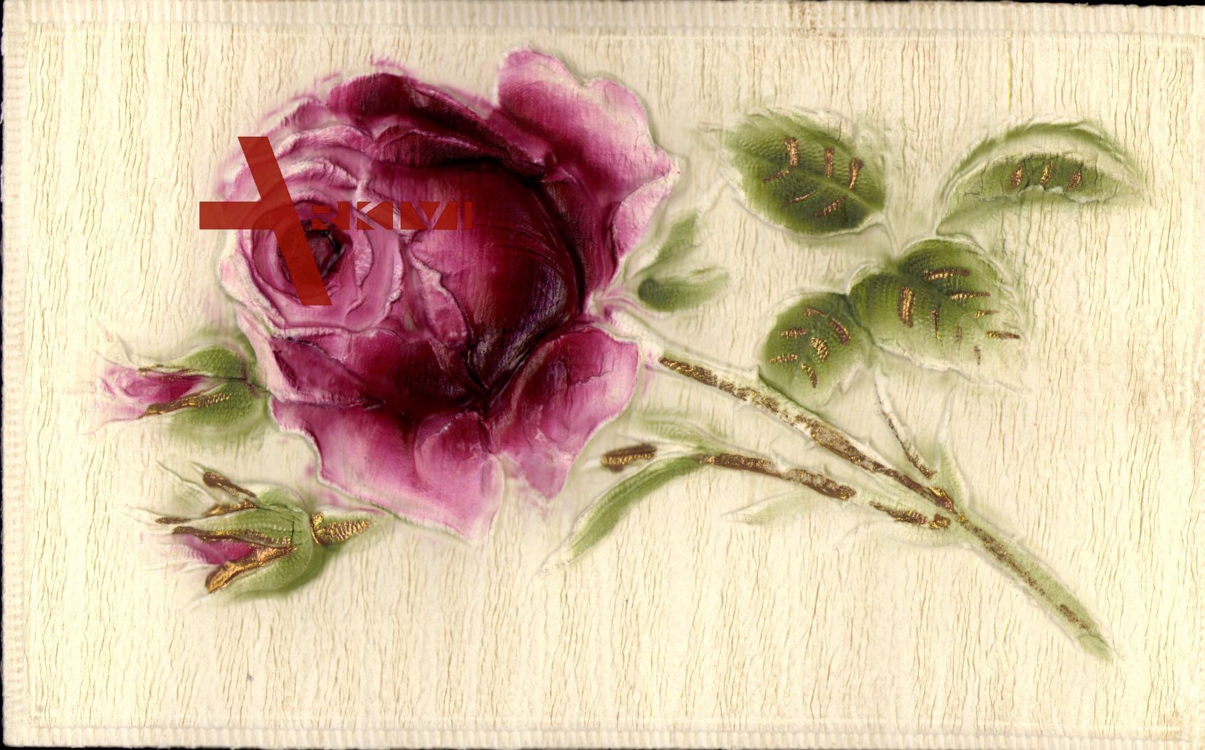 Relief Rose mit pinker Blüte, goldene Verzierungen