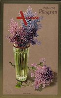 Glückwunsch Pfingsten, Blumenvase, Violette Blüten