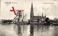 Schleswig an der Schlei, Hafenpartie mit Dom, Segelschiff