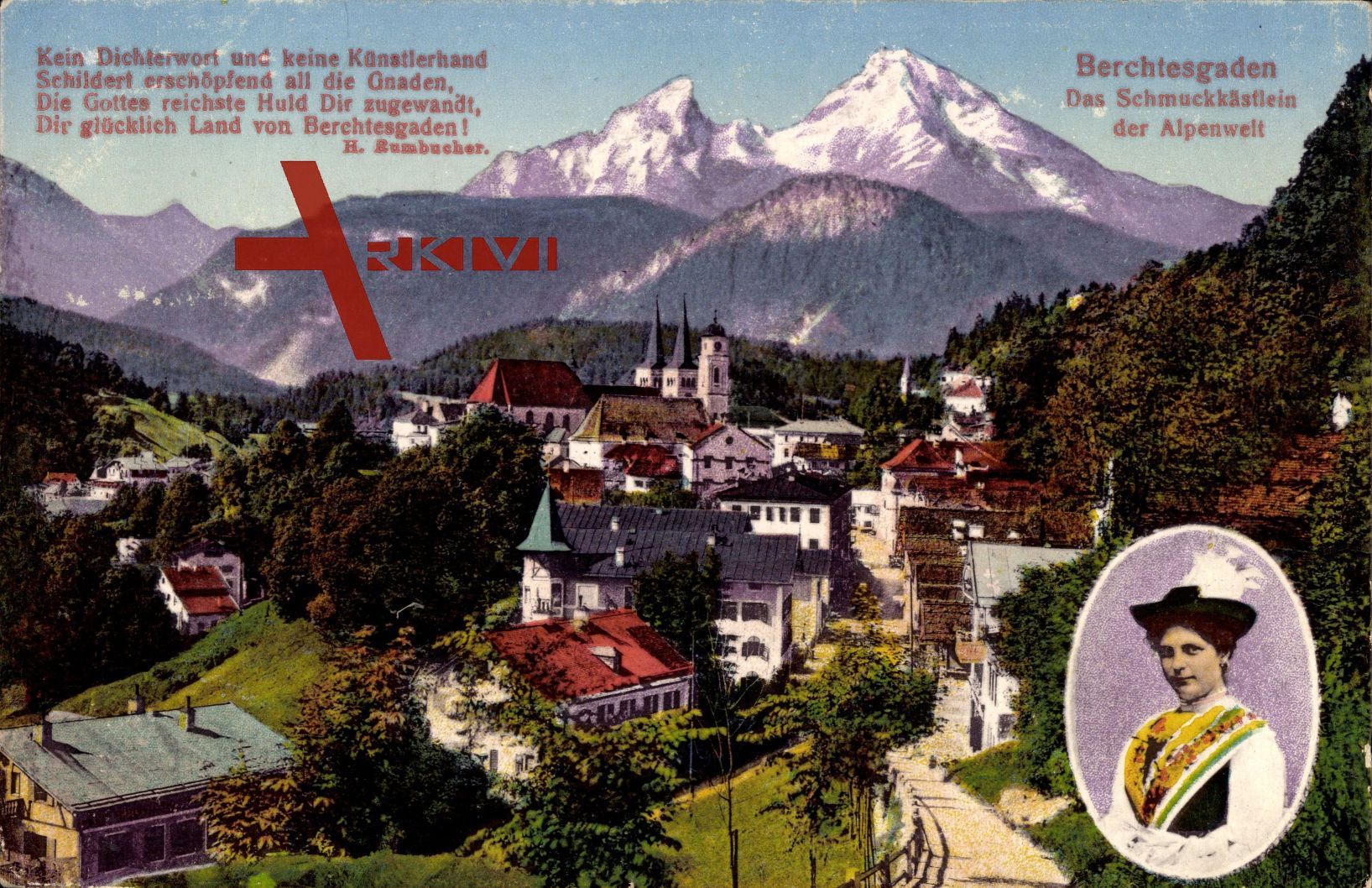 Berchtesgaden Oberbayern, Blick auf den Ort mit Nationaltracht