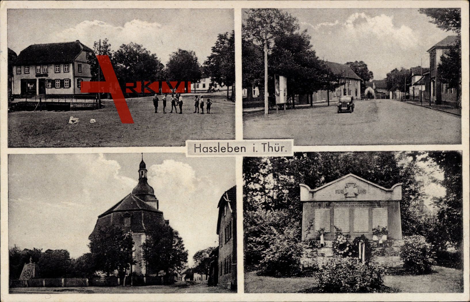 Hassleben Thüringen, spielende Kinder, Kirche, Denkmal, Straßenpartie