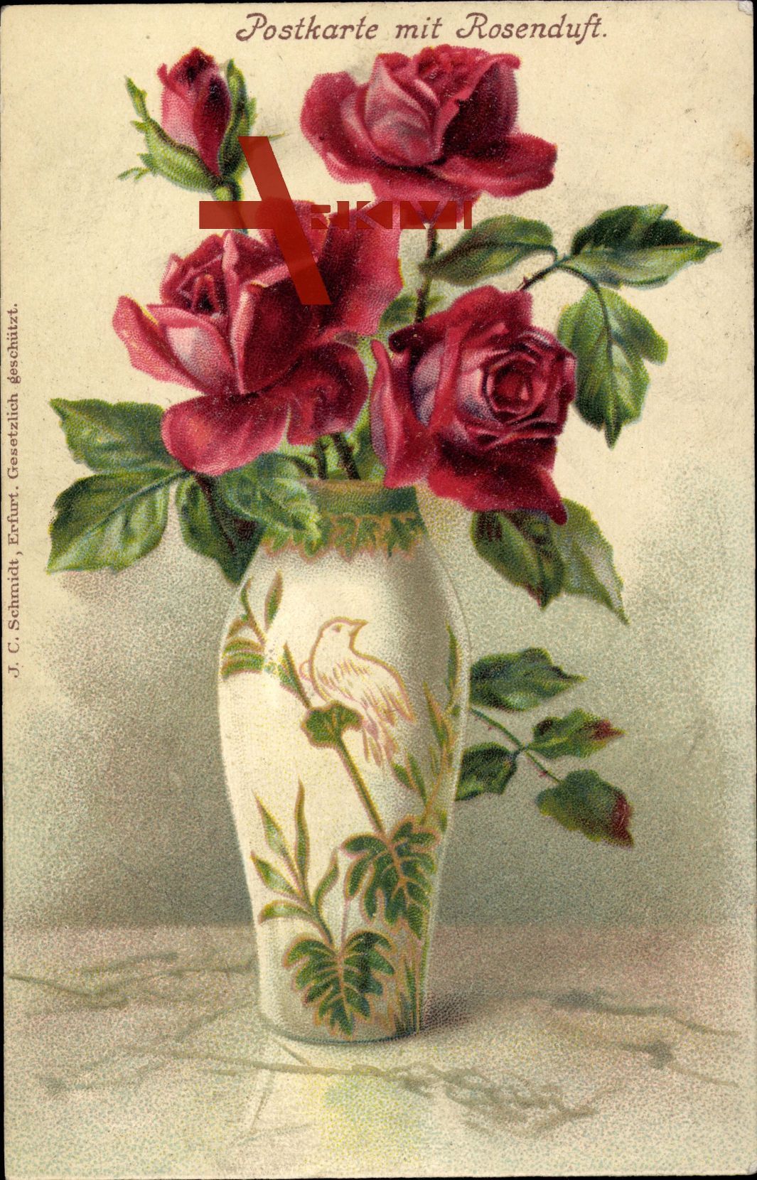 Vase mit roten Rosen, grüne Blätter, Verzierte Vase