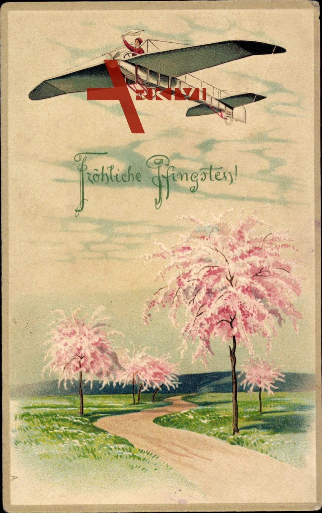 Glückwunsch Pfingsten, Flugzeug, Monoplan, Frühlingsblüte