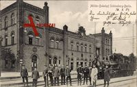 Berlin Schöneberg, Partie am Militär-Bahnhof, Soldaten, Dampflok