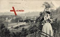 Prien Chiemsee, Blick auf den Ort, Mädchen in Tracht, Berge