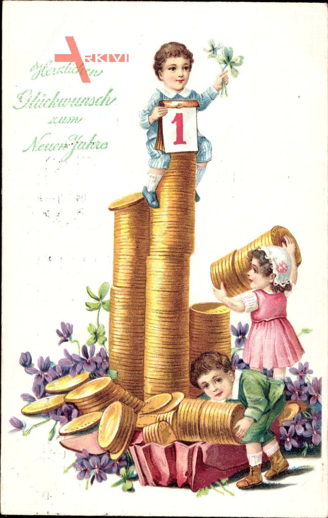 Glückwunsch Neujahr, Münzen, Kalenderblatt, Kinder