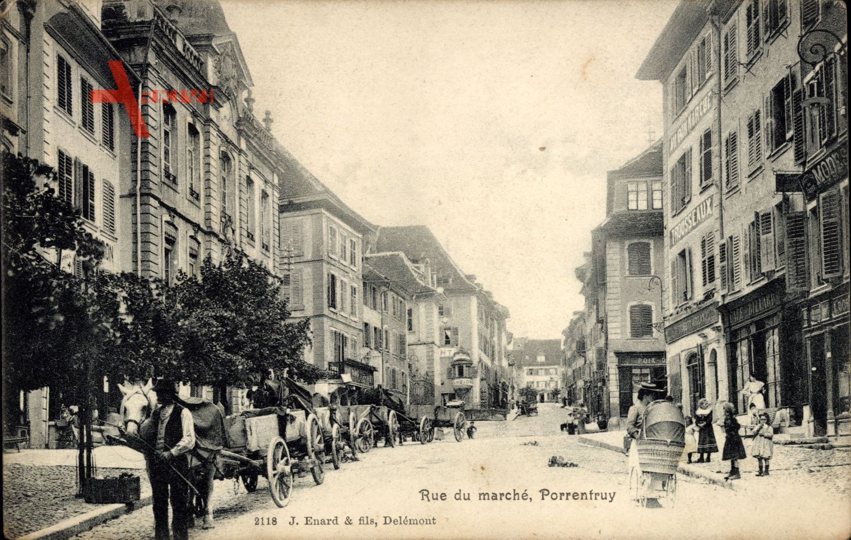 Porrentruy Pruntrut Kt. Jura, Rue de Marche, Passanten, Pferdewagen