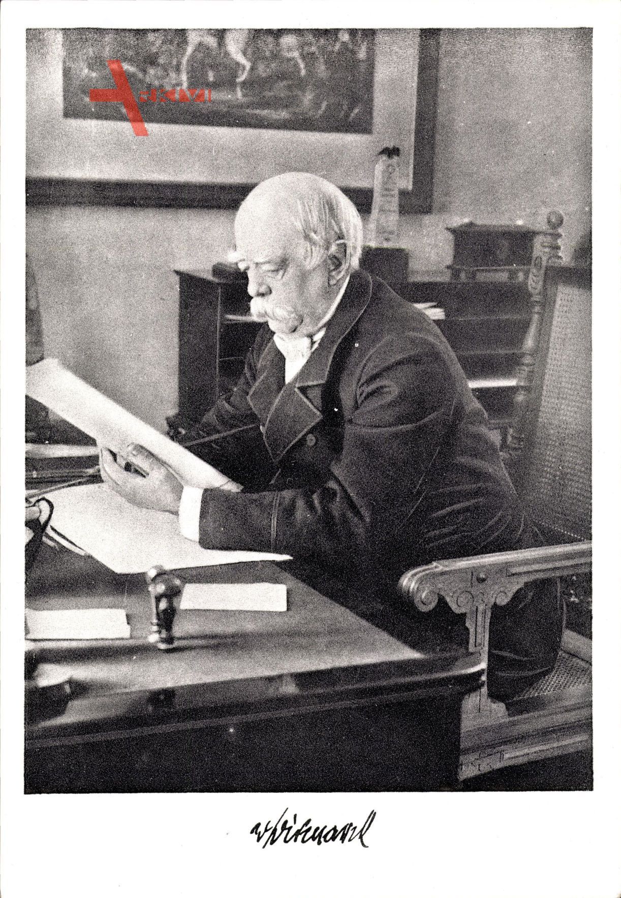 Fürst Otto von Bismarck am Tisch sitzend mit Dokumenten, Friedrichsruh