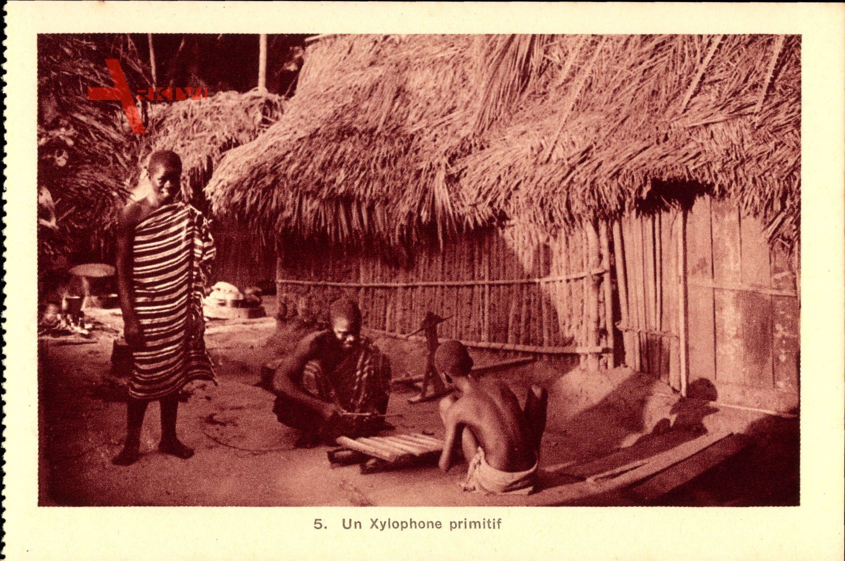 Un Xylophone primitif, Xylophon, Afrikanisches Dorf, Holzhütte