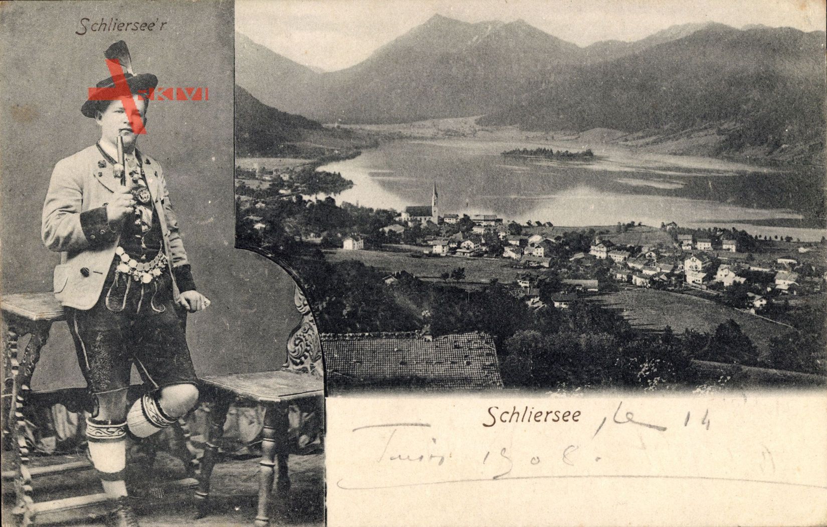 Schliersee im Kreis Miesbach Oberbayern, Panorama, Bayer in Tracht