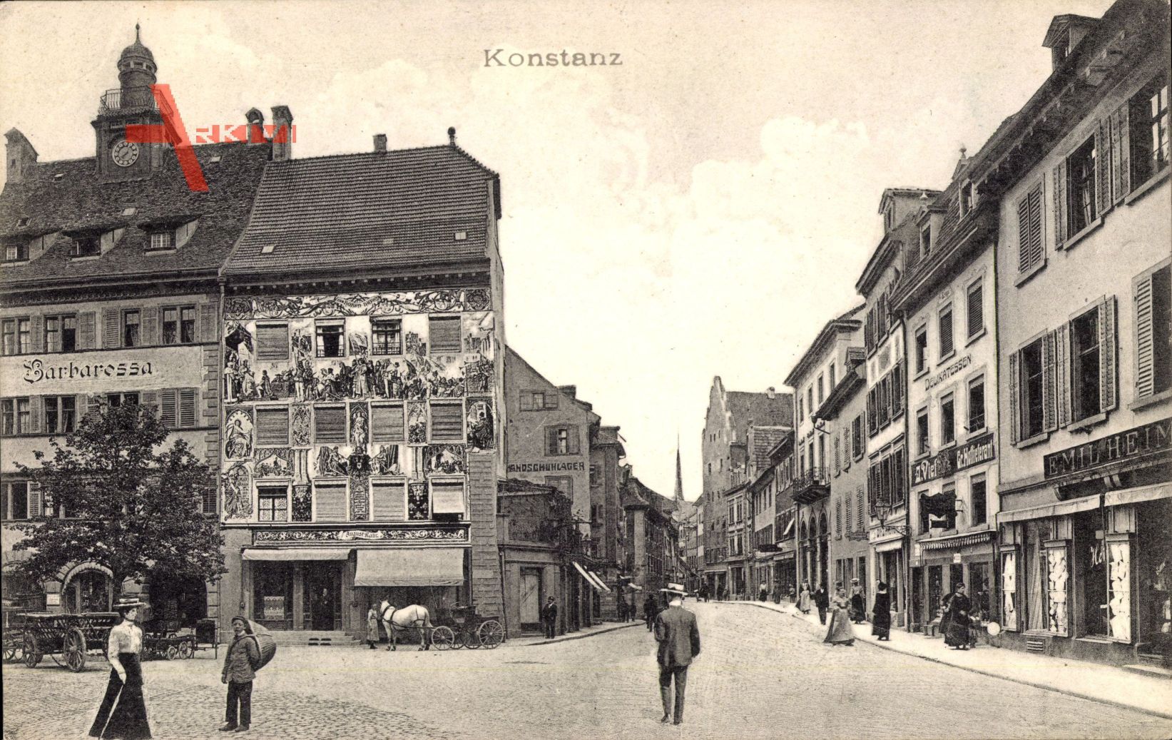 Konstanz am Bodensee, Straßenpartie, Hotel Barbarossa, A. Vies, Kutsche