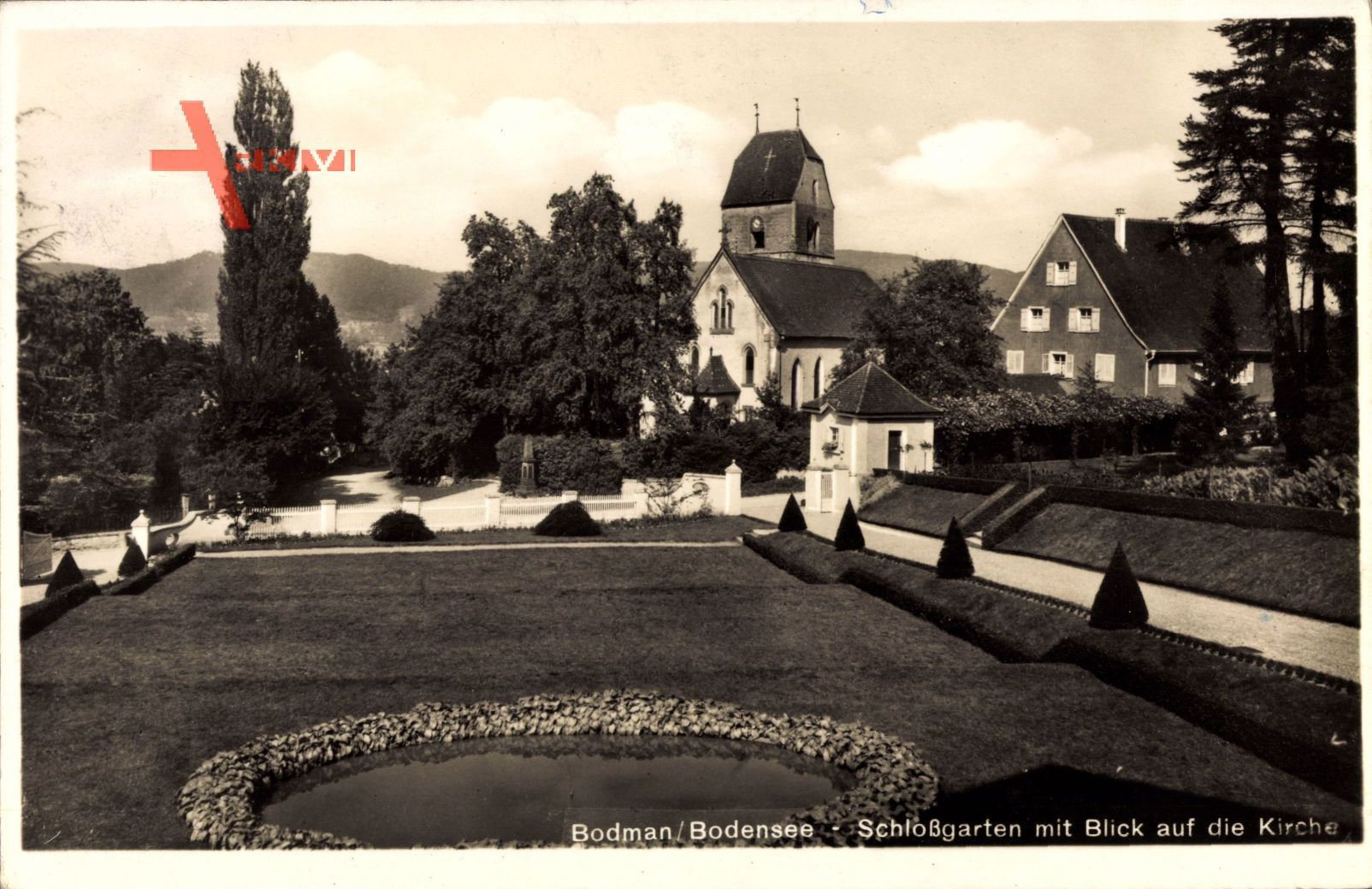 Bodman Ludwigshafen in Baden Württemberg, Schlossgarten mit Blick auf Kirche