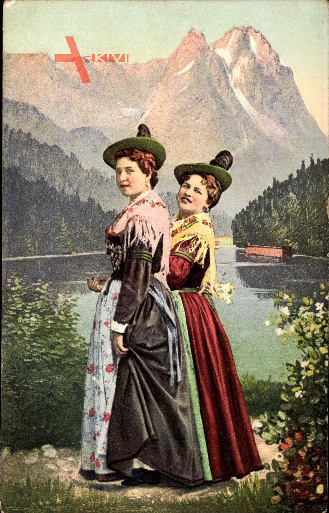 Zwei Frauen in Tracht, Geh'st a mit zum Tanz, Gruss aus den Alpen